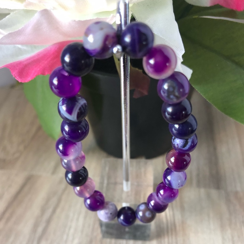 Purple Agate Striped Natural Stone Beads Stretchable Bracelet 7" - 8mm Beads